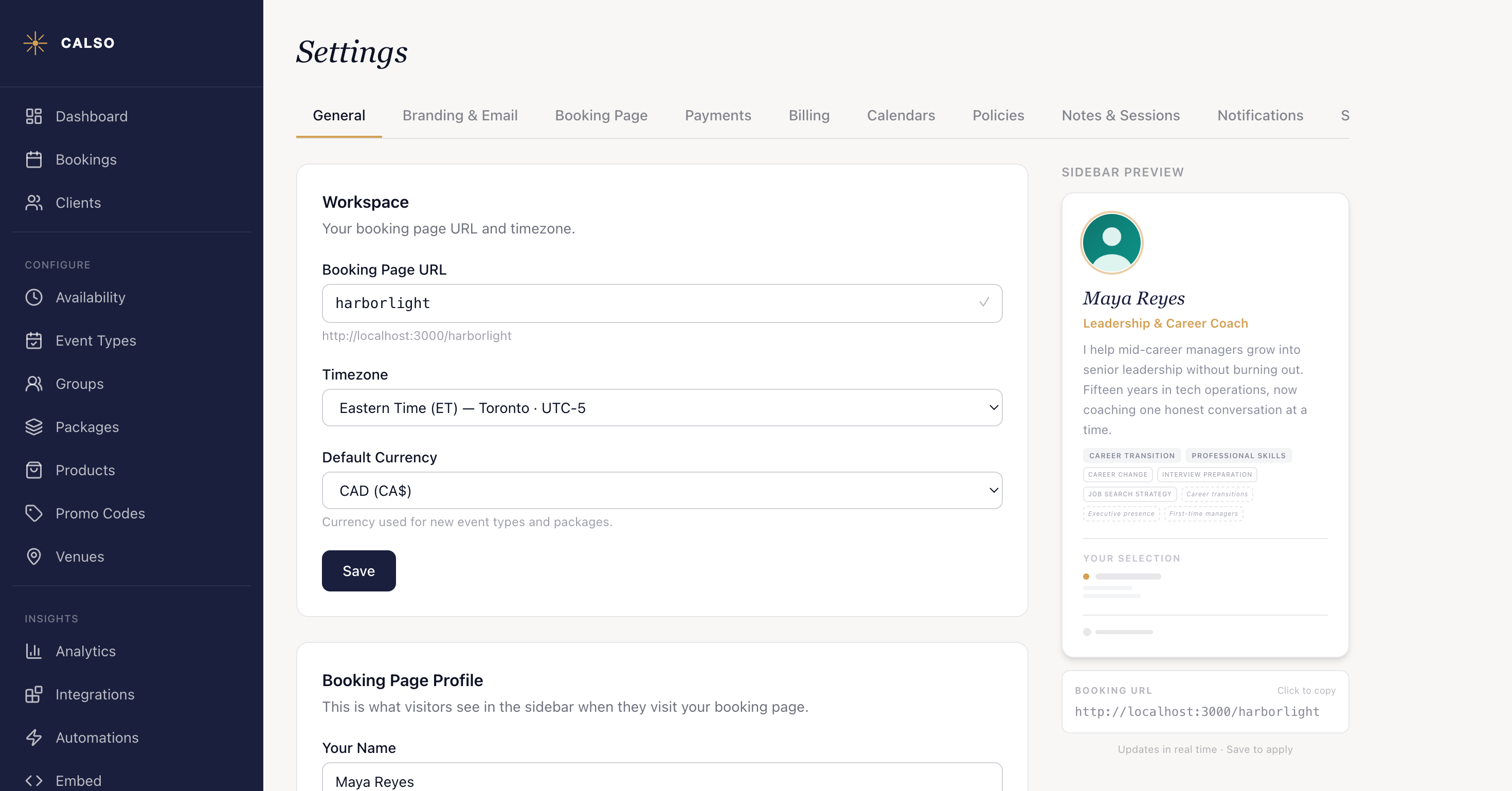 The General tab in Settings: a Workspace card holding the Booking Page URL field with a tick beside it, the full address printed underneath, then Timezone and Default Currency and a Save button — with a Booking URL card in the right-hand column showing the same address under a Click to copy label.