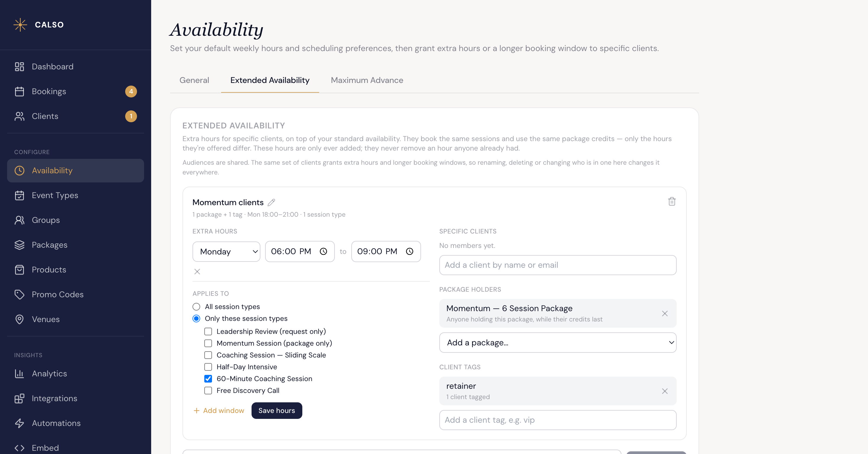 The Extended Availability tab of the Availability page, showing an audience named Momentum clients: on the left an extra-hours window of Monday 6:00 PM to 9:00 PM pinned to one session type, and on the right the three ways a client joins the audience — a named client, the Momentum package, and the retainer tag.