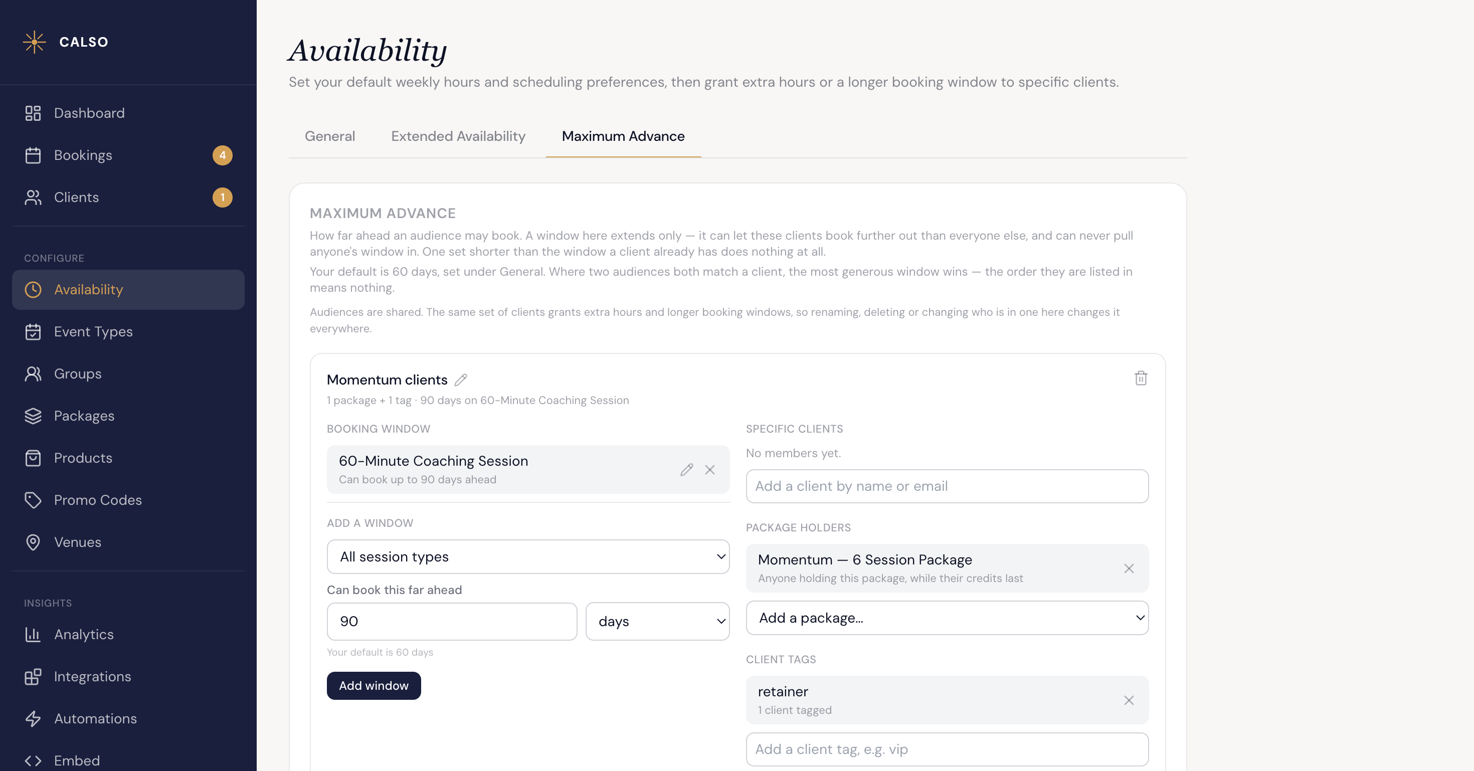 The Maximum Advance tab of the Availability page, explaining that a window here extends only and that the most generous matching audience wins, above the Momentum clients audience holding a booking window of 90 days on one session type beside its membership rules.
