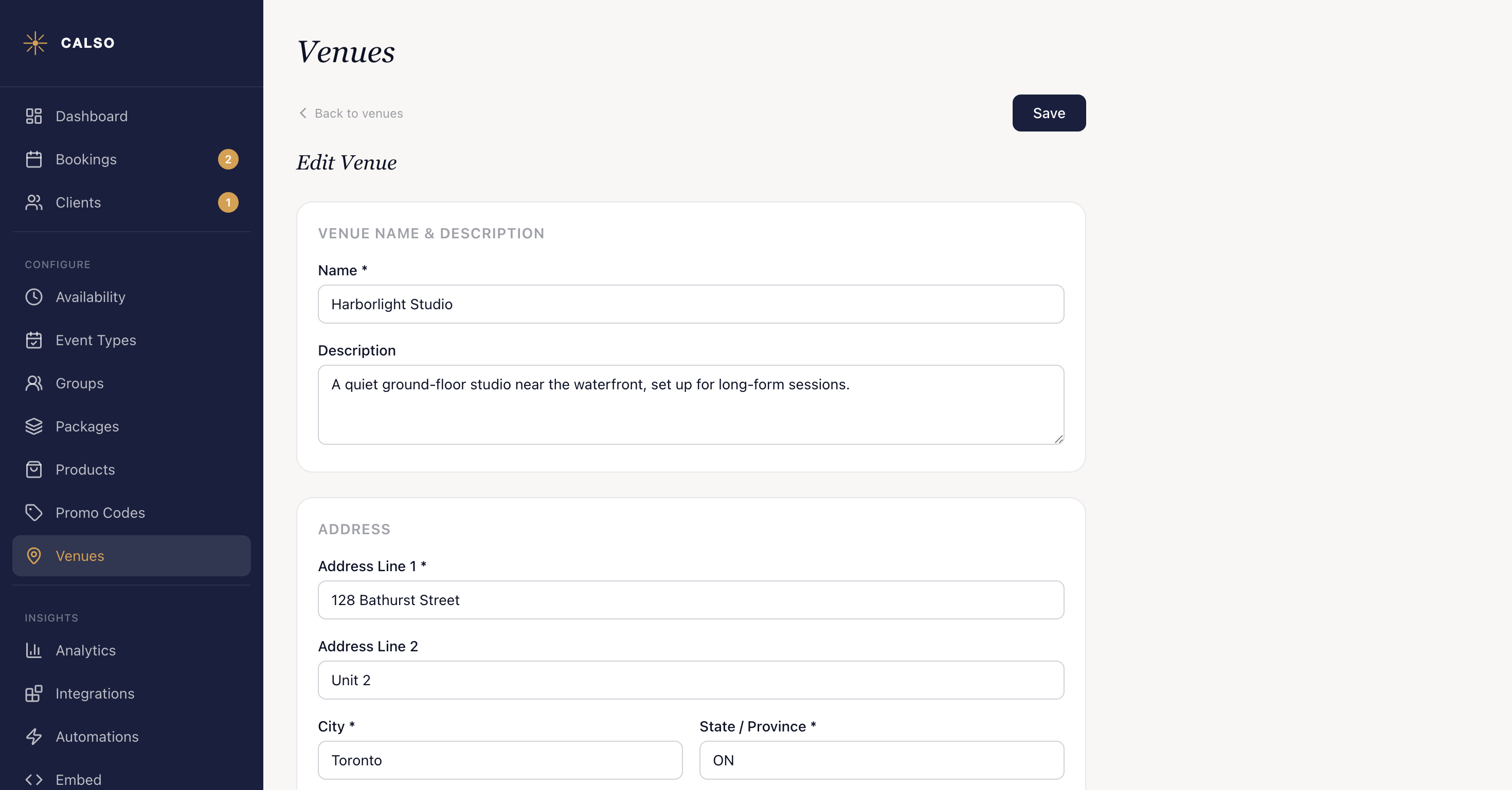 The Edit Venue form for a studio, with its name and description above an Address card holding two address lines, City and State / Province — the arrival, parking and accessibility details a client receives follow further down the same form.