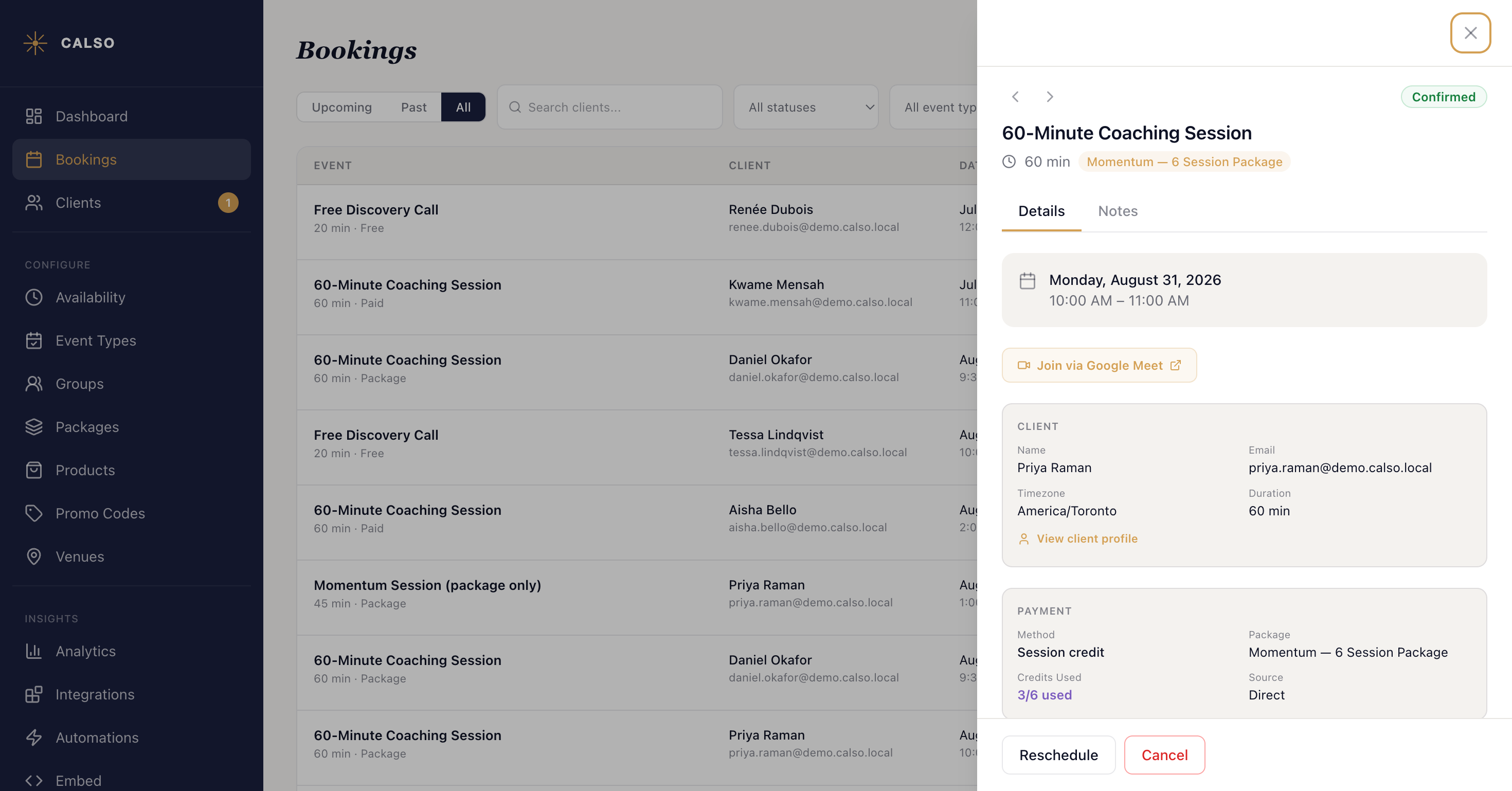 A confirmed 60-Minute Coaching Session open in its detail panel, showing the date and time, the client's details, how the session was paid for, and Reschedule and Cancel buttons along the bottom.