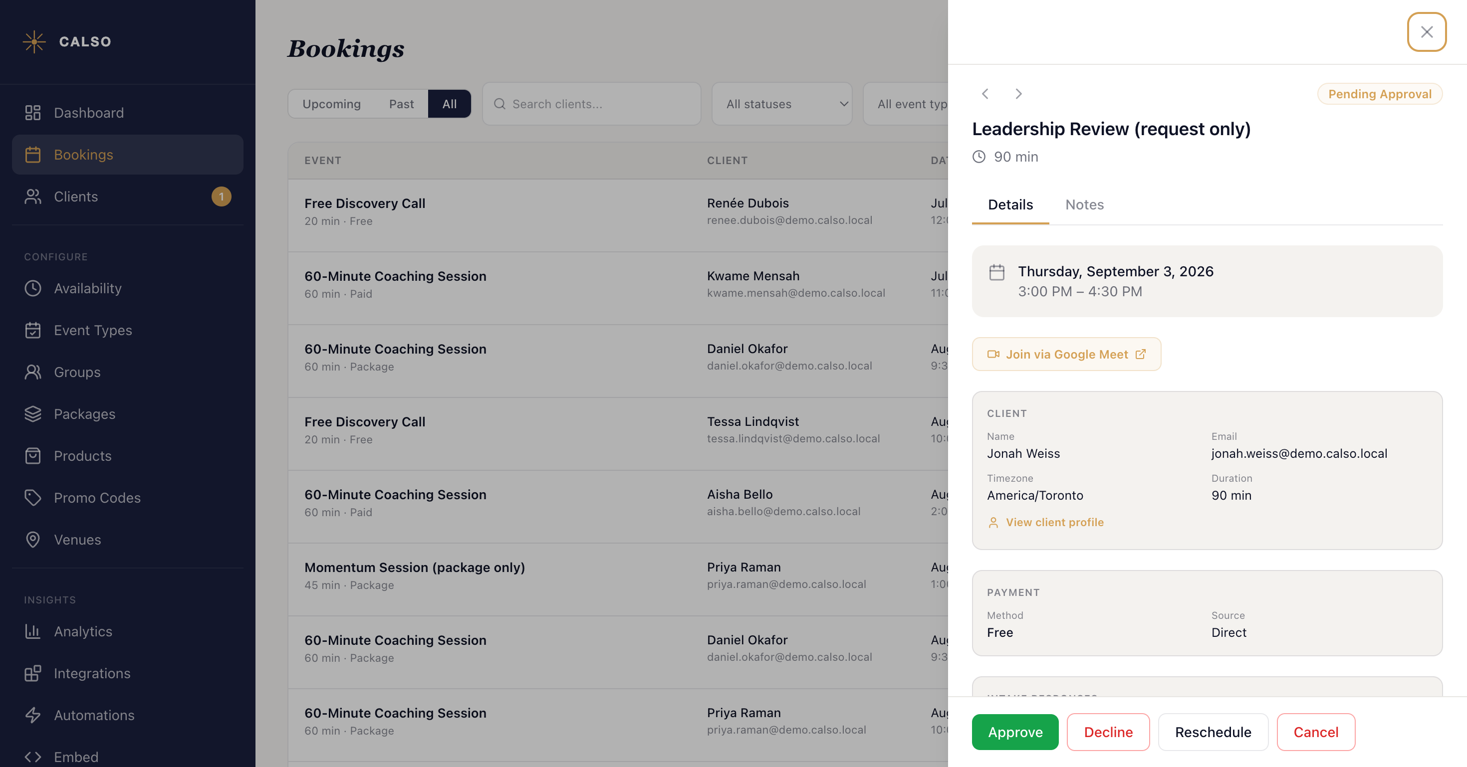 A booking detail panel open on a request from Jonah Weiss, with a gold Pending Approval badge at the top right and Approve, Decline, Reschedule and Cancel buttons along the bottom.
