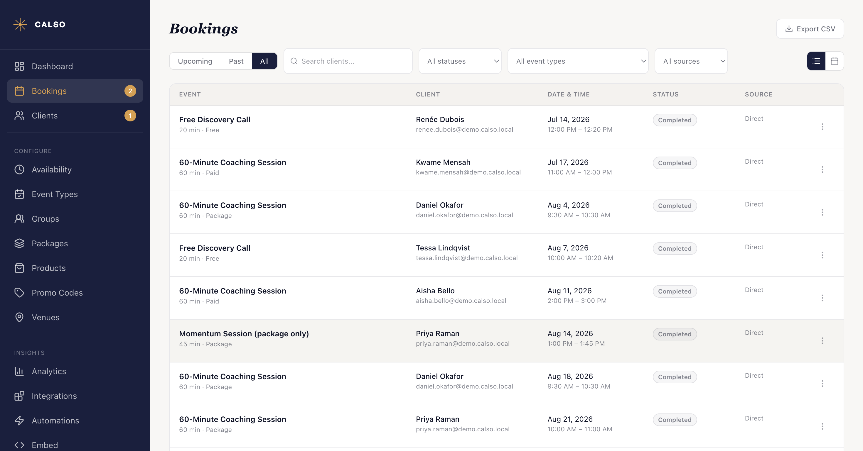 The Bookings list on the All tab, with the All statuses dropdown sitting above the table and a Status column running down it, every row here carrying a grey Completed badge.
