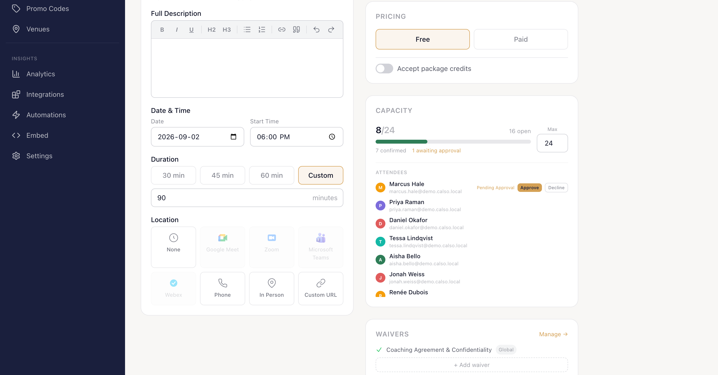 The Attendees list under the Capacity card on a one-time group event's Details tab: a fill bar reading 8 of 24 with 7 confirmed and 1 awaiting approval underneath it, and the first person in the list marked Pending Approval with Approve and Decline buttons beside his name.