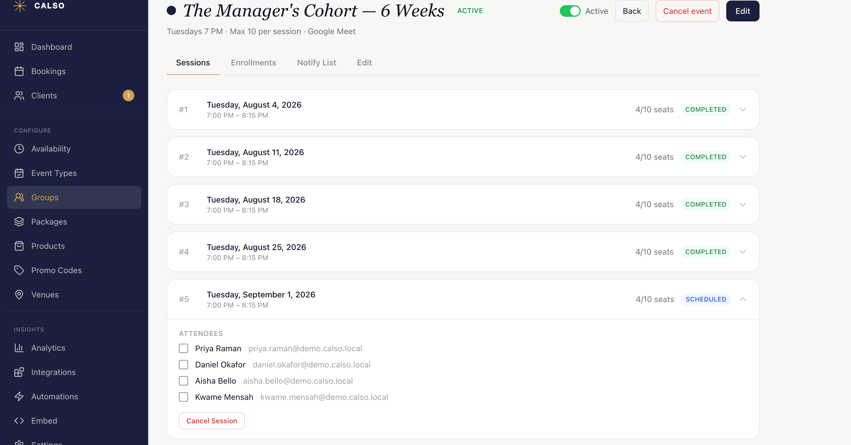 The Sessions tab of a six-week recurring series, listing its weekly Tuesday dates with seats taken out of ten and Completed or Scheduled badges, with the next upcoming date expanded to show its four attendees, each with a tick box, above a Cancel Session button.