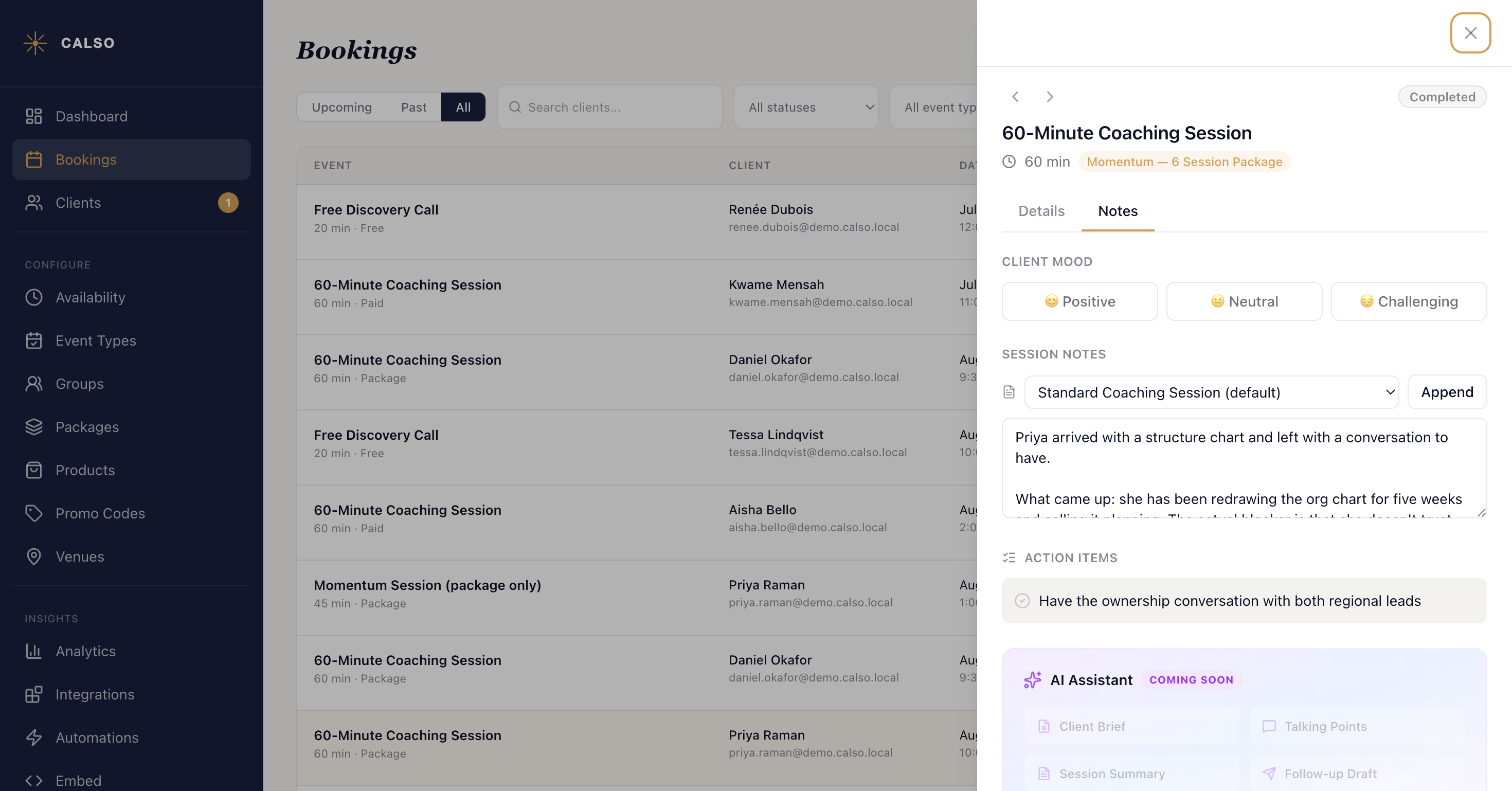 The Notes tab of a booking panel on a completed session, with the Positive, Neutral and Challenging mood buttons above a template picker set to Standard Coaching Session and a written session note in the box below it.