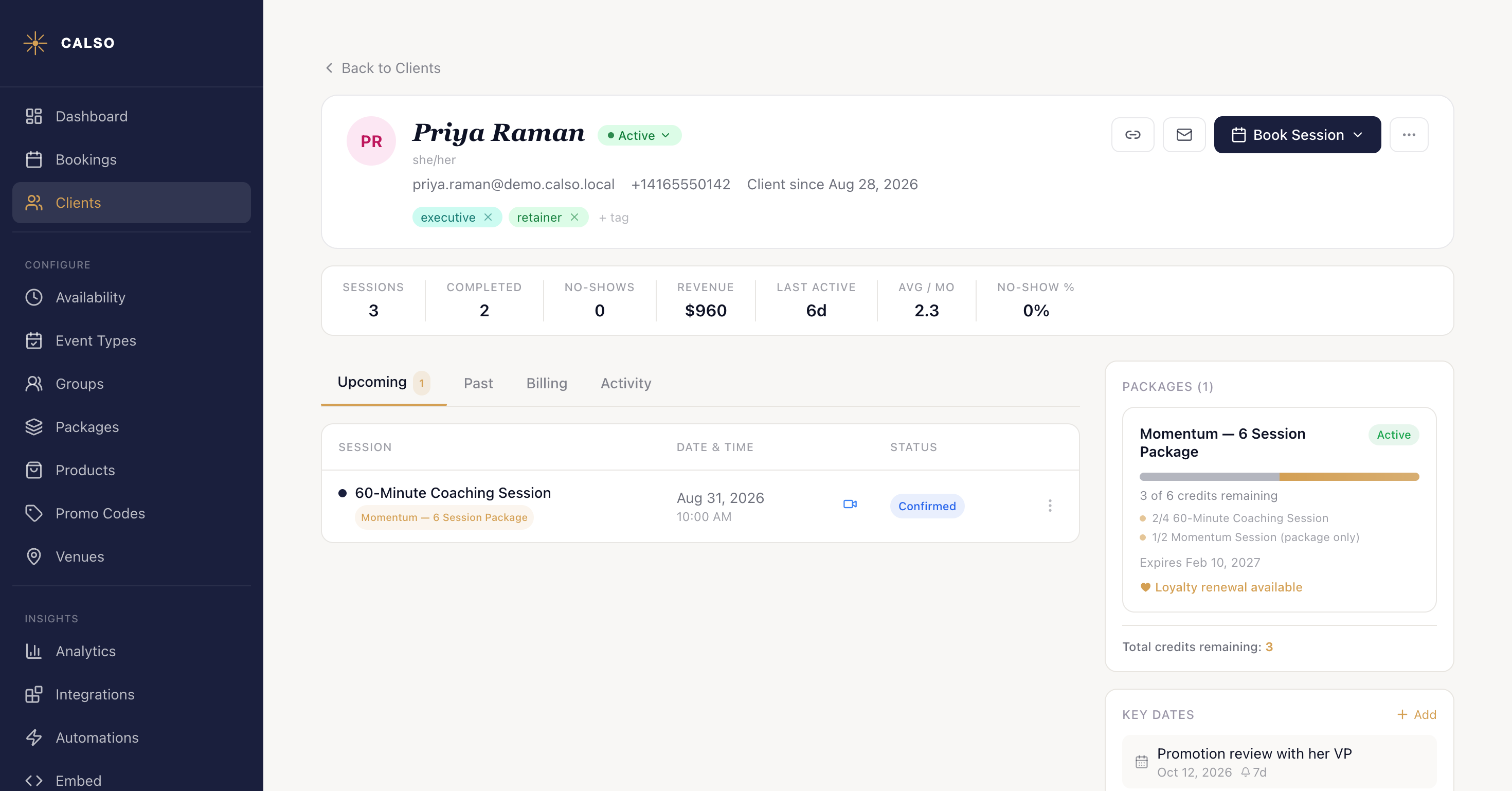A client record: the header with contact details, tags and the pipeline-stage pill, the strip of lifetime figures beneath it, the Upcoming, Past, Billing and Activity tabs open on upcoming sessions, and the Packages and Key Dates panels down the right-hand column.