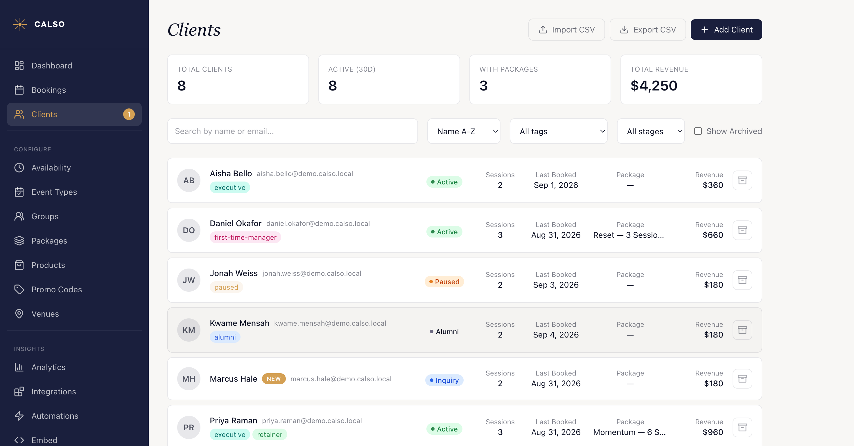 The Clients list with the All stages dropdown sitting beside the search box, the sort control and the All tags filter, and a coloured stage badge — Active, Paused, Alumni or Inquiry — on each client's row.