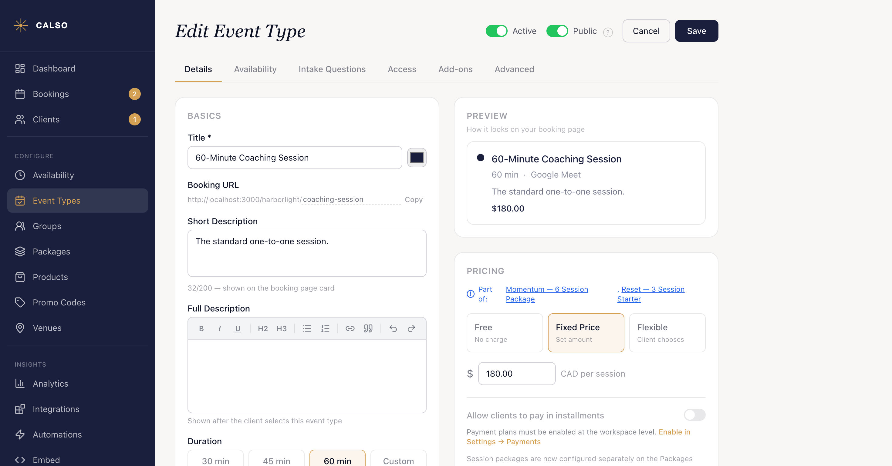 The Details tab of an event type editor, with the Basics card on the left holding Title, Booking URL, Short Description, Full Description and Duration, the Preview and Pricing cards in the right-hand column, and the Active and Public toggles beside Cancel and Save in the header.
