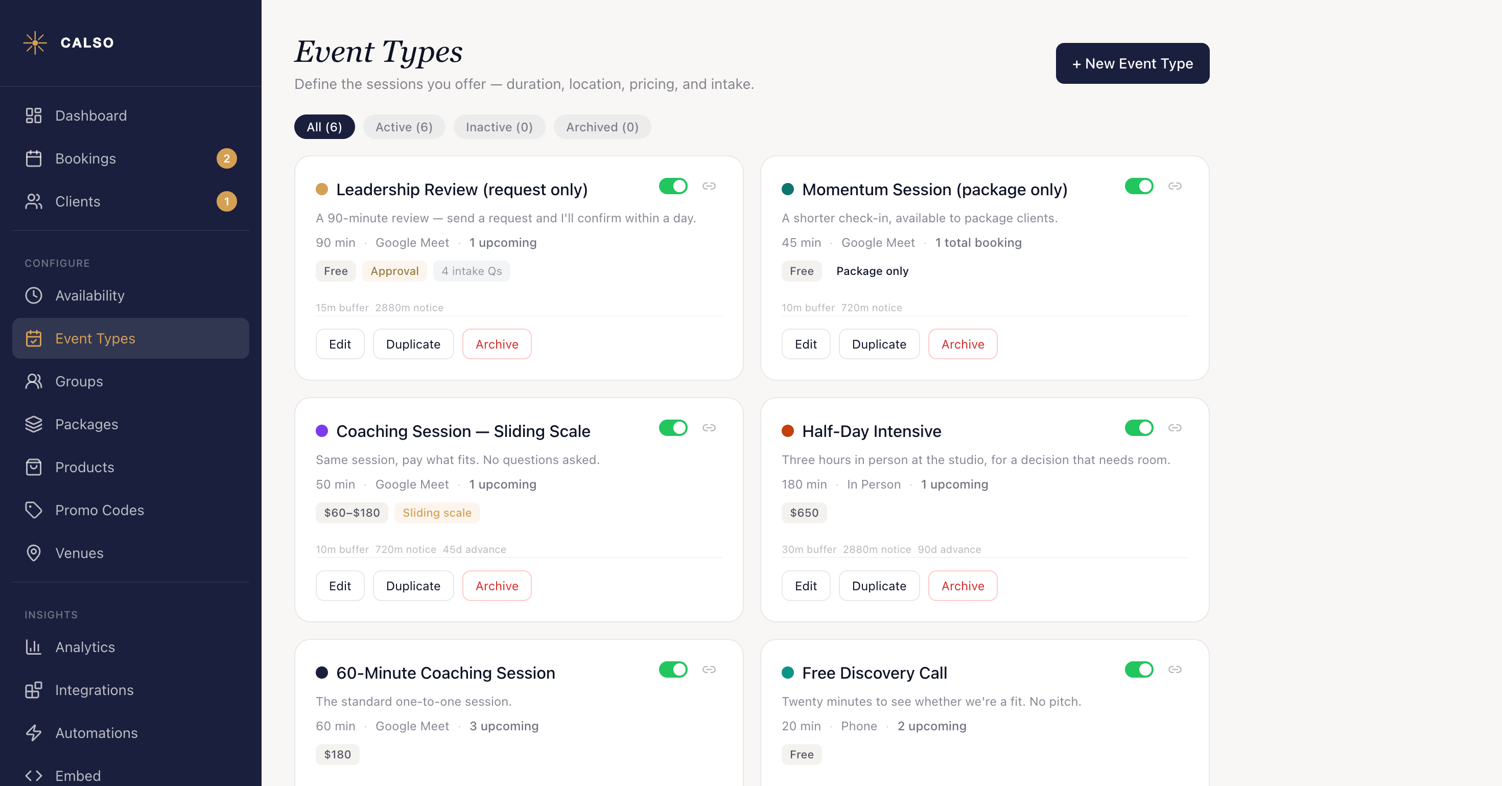 The Event Types page: All, Active, Inactive and Archived filters above six cards, each showing the event type name, its one-line description, its length and location, its price, and Edit, Duplicate and Archive buttons, with a + New Event Type button at the top right.
