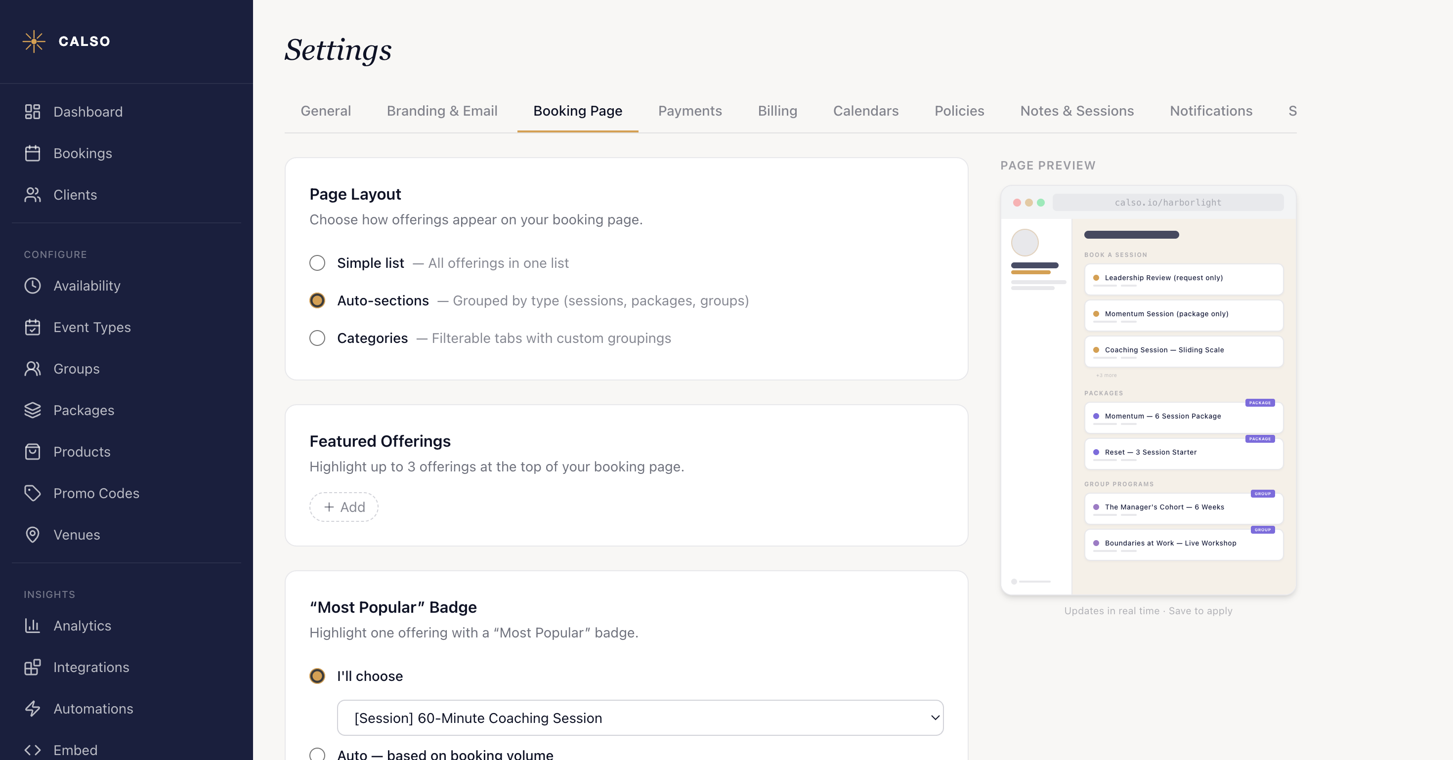 The Booking Page tab in Settings: a Page Layout card offering Simple list, Auto-sections and Categories with Auto-sections selected, a Featured Offerings card with an Add button, and a Most Popular Badge card set to I'll choose with a session picked in its dropdown — beside a Page Preview panel showing the live page with its offerings grouped under Book a session, Packages and Group programs.