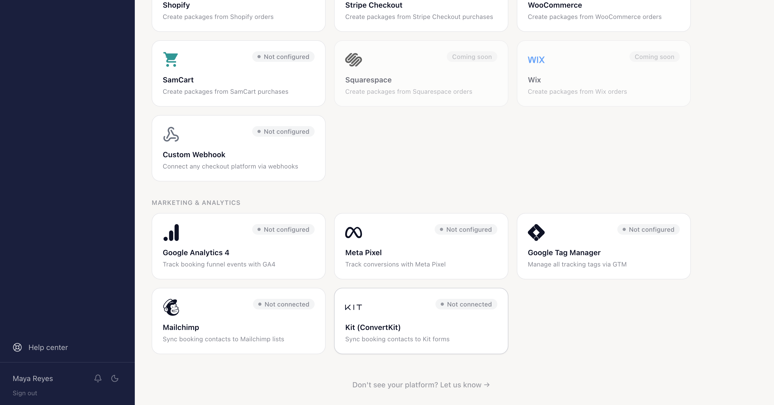 The Integrations page with connectable tools grouped by category, including the Marketing & Analytics section where the Google Analytics 4, Meta Pixel and Google Tag Manager cards each take their ID.