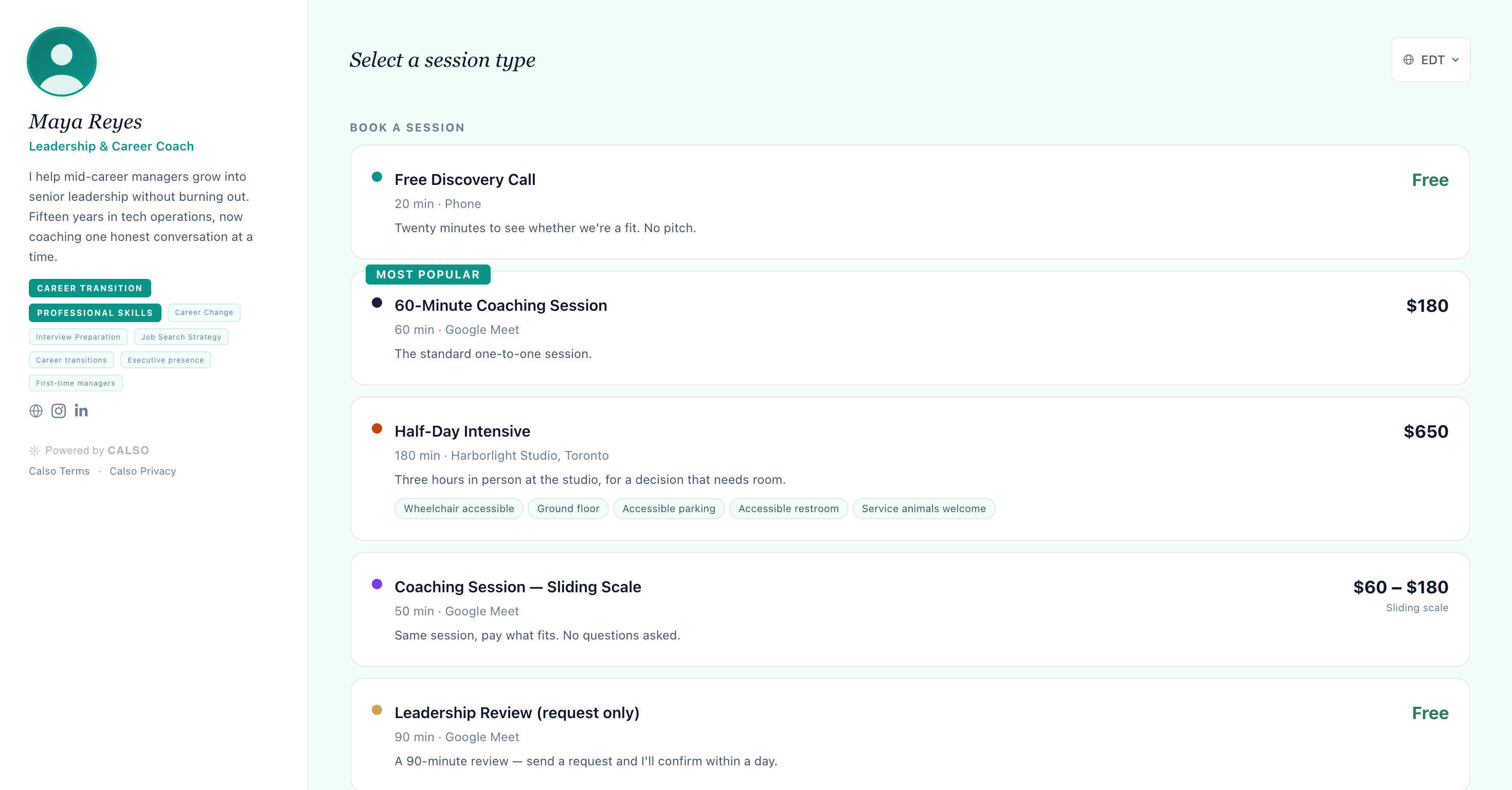 A Calso booking page as a client sees it: the coach's photo, title and short bio in the left sidebar, and the bookable event types listed down the page with their length, location and price — a free discovery call, a 60-minute coaching session marked Most Popular, a half-day intensive at a studio address, a sliding-scale session and a request-only review.
