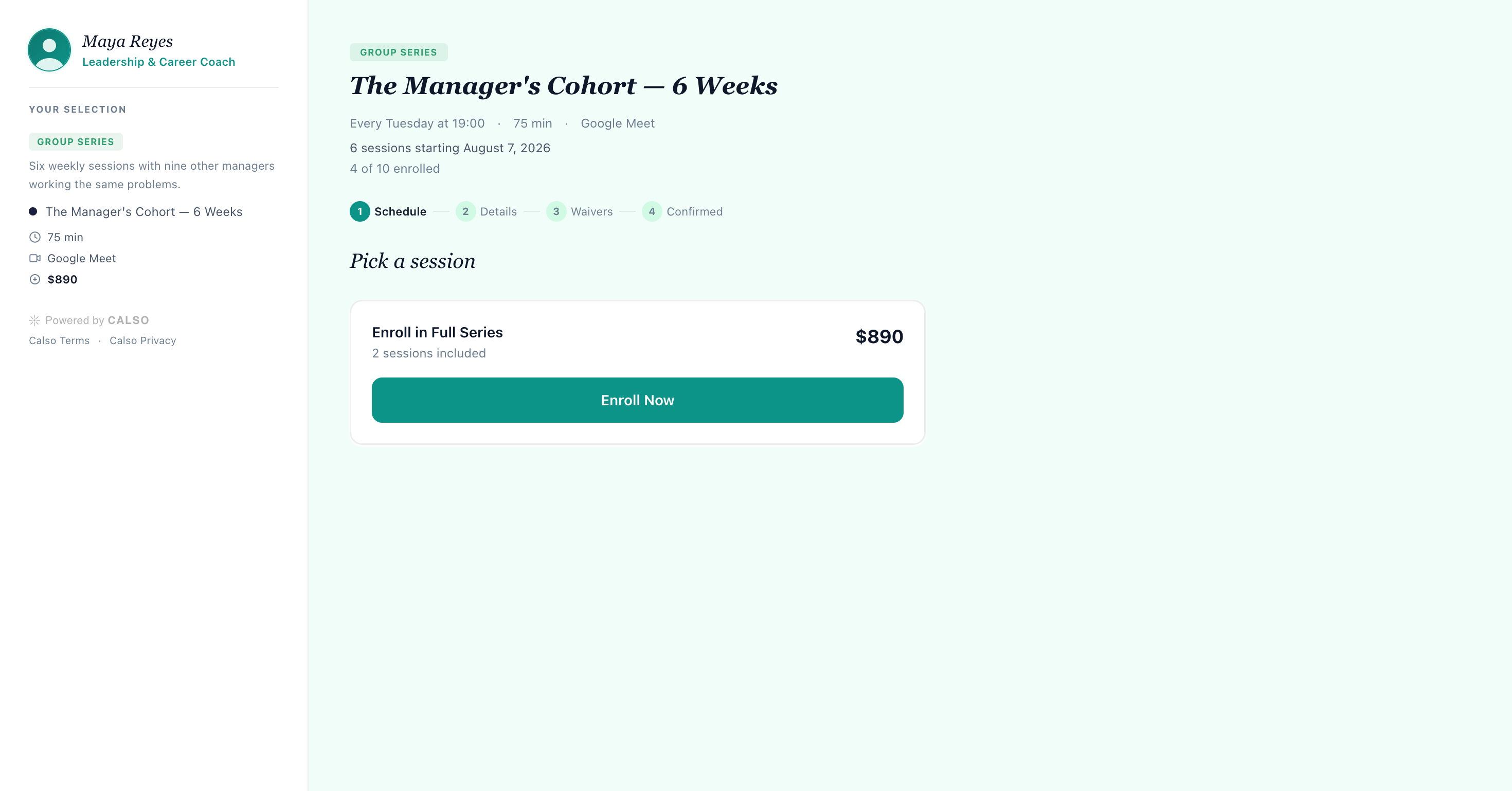 The public page for The Manager's Cohort group series, signed out: the host profile in the left sidebar, the series title with its Tuesday schedule, duration, start date and 4 of 10 enrolled, a four-step Schedule, Details, Waivers, Confirmed progress bar, and an Enroll in Full Series card at $890.