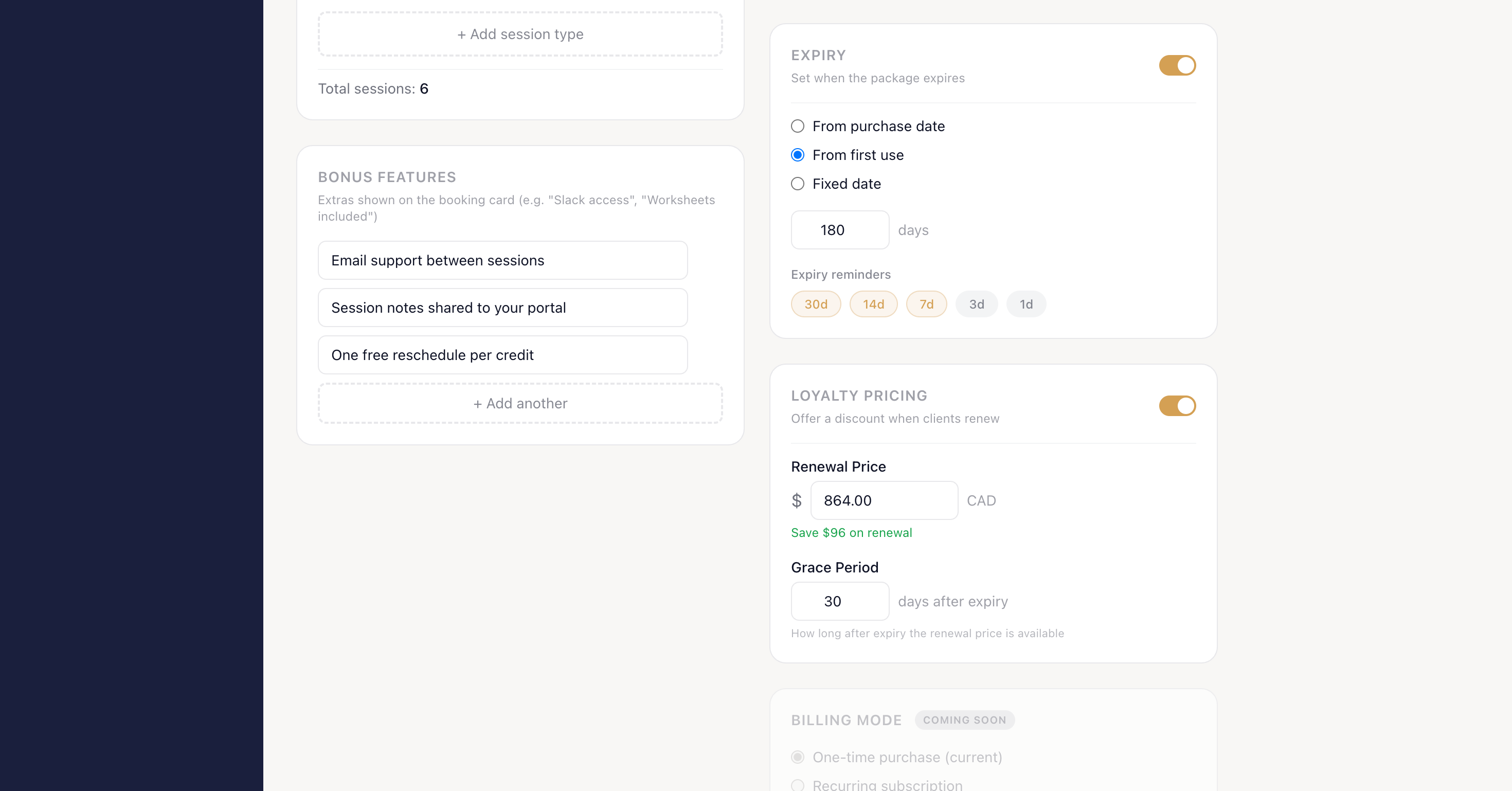 The Loyalty Pricing block in the package builder, with a toggle to switch it on, a Renewal Price field that must sit below the package price, and a Grace Period in days after expiry.