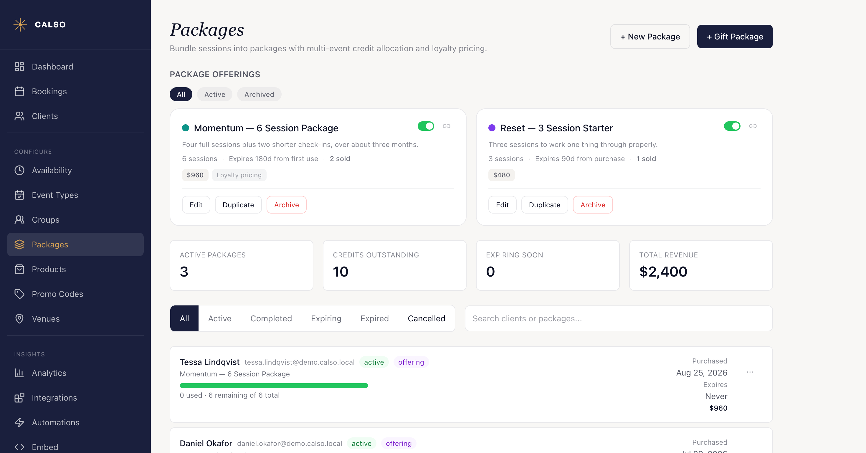 The Packages page: two offerings, Momentum at $960 for six sessions and marked Loyalty pricing, and Reset at $480 for three, each with Edit, Duplicate and Archive; four tiles counting active packages, credits outstanding, expiring soon and total revenue; and below them the clients holding packages with a progress bar of credits used.